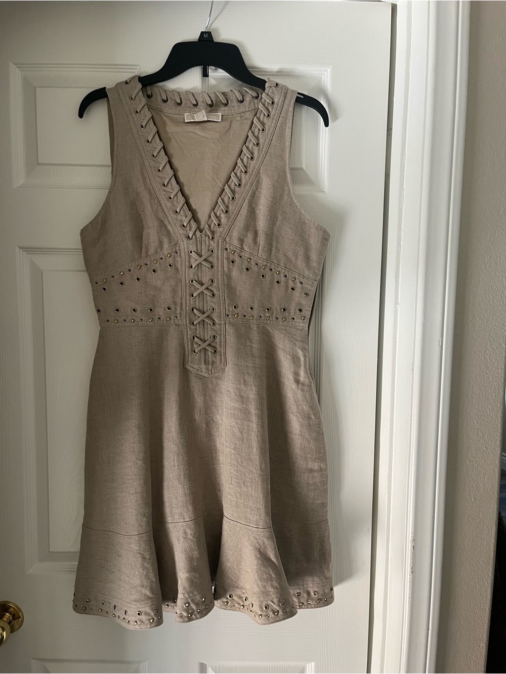 Michael Kors Taupe Lace-Up V-Neck Mini Dress